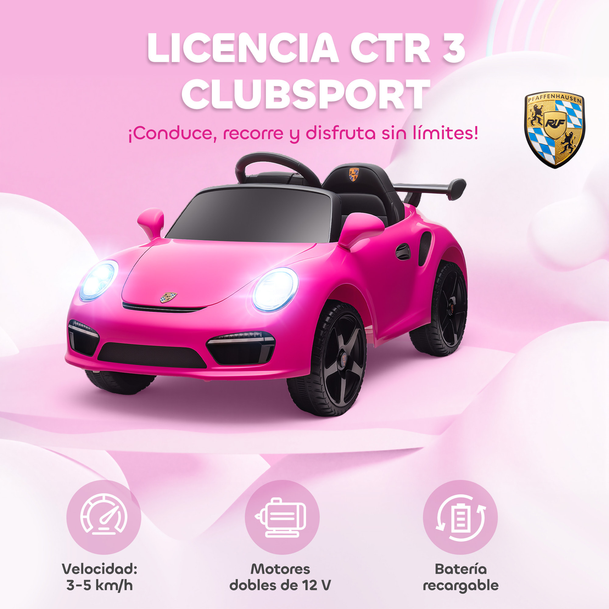 Coche Eléctrico para Niños con Licencia RUF CTR 3 Clubsport, Coche de Batería 12V, con Mando a Distancia 2,4 G, Motor Doble, Música Inalámbrica, Bocina, Ruedas Auxiliares y Faros LED, Rosa