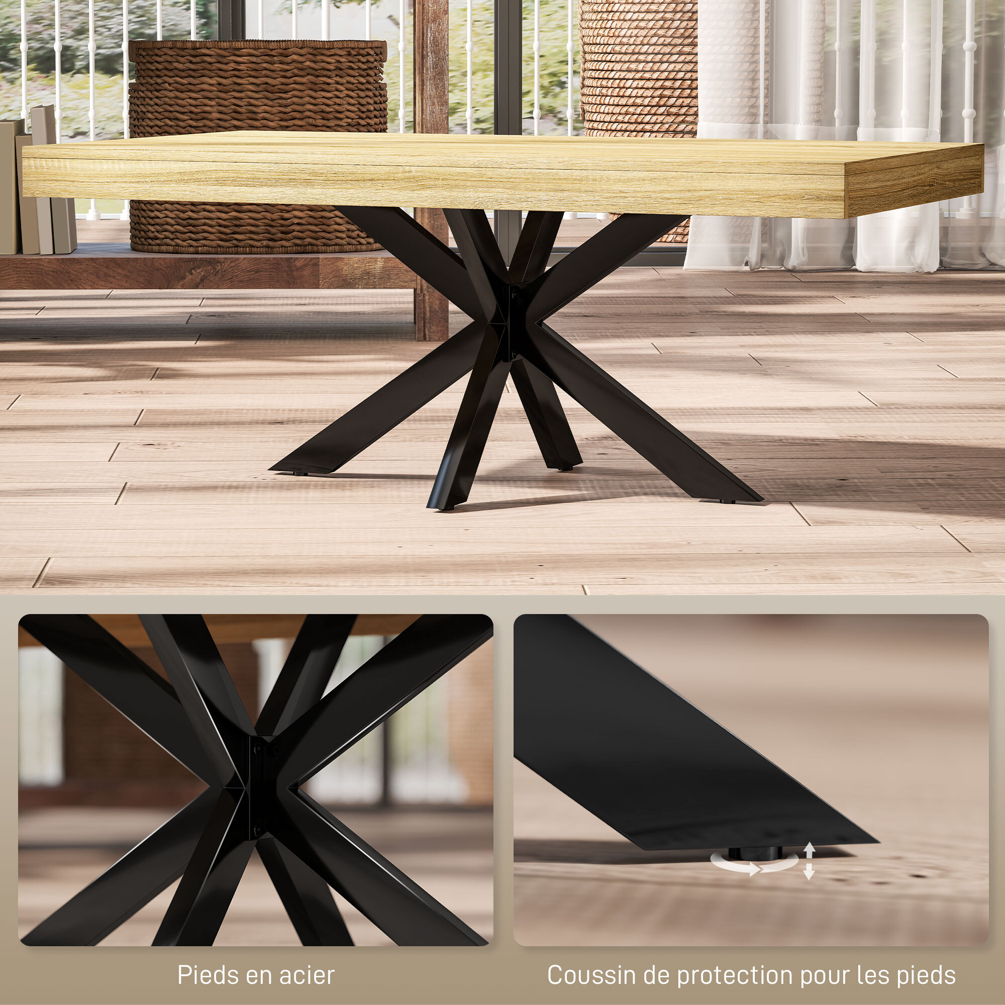 Table basse rectangulaire design industriel - dim. 110L x 60l x 45H cm - métal noir aspect chêne clair