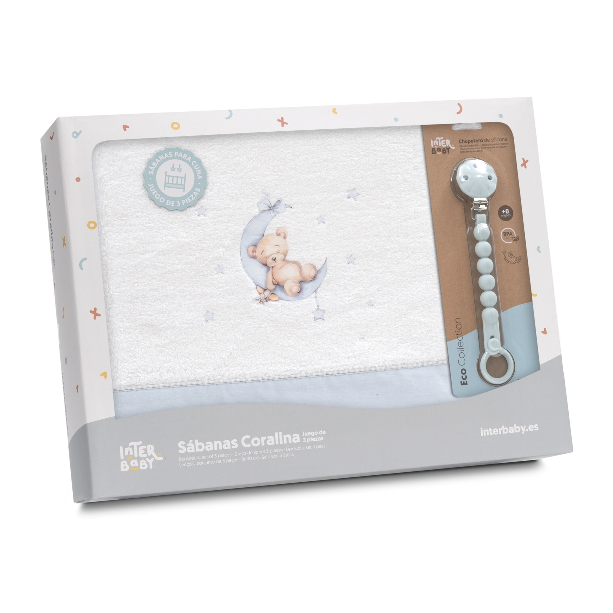 Triptico Cuna Coralina Estampado Oso Luna Estrellas + Broche Bco/Azul