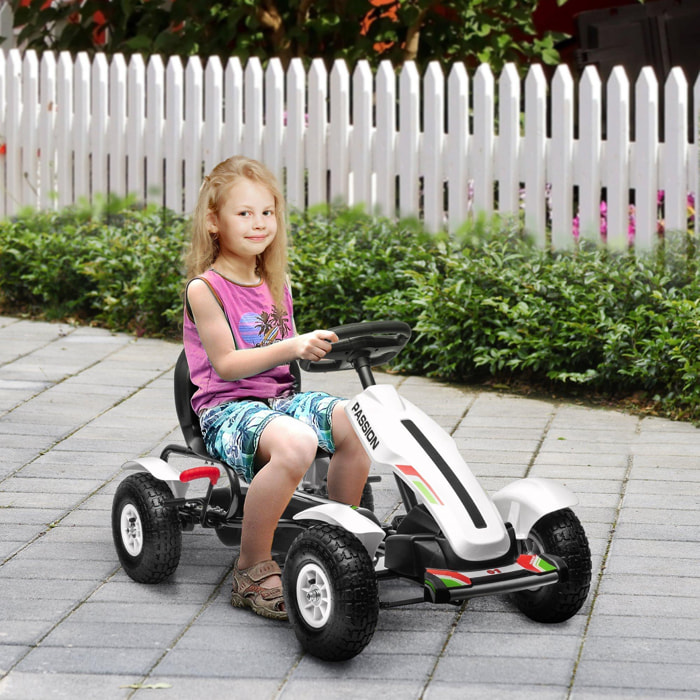 Go Kart a Pedales para Niños Coche de Pedales Infantil con Asiento Ajustable Neumáticos de Goma Freno de Mano para Niños y Niñas de 5-12 Años Carga 50 kg 121x58x61 cm Blanco