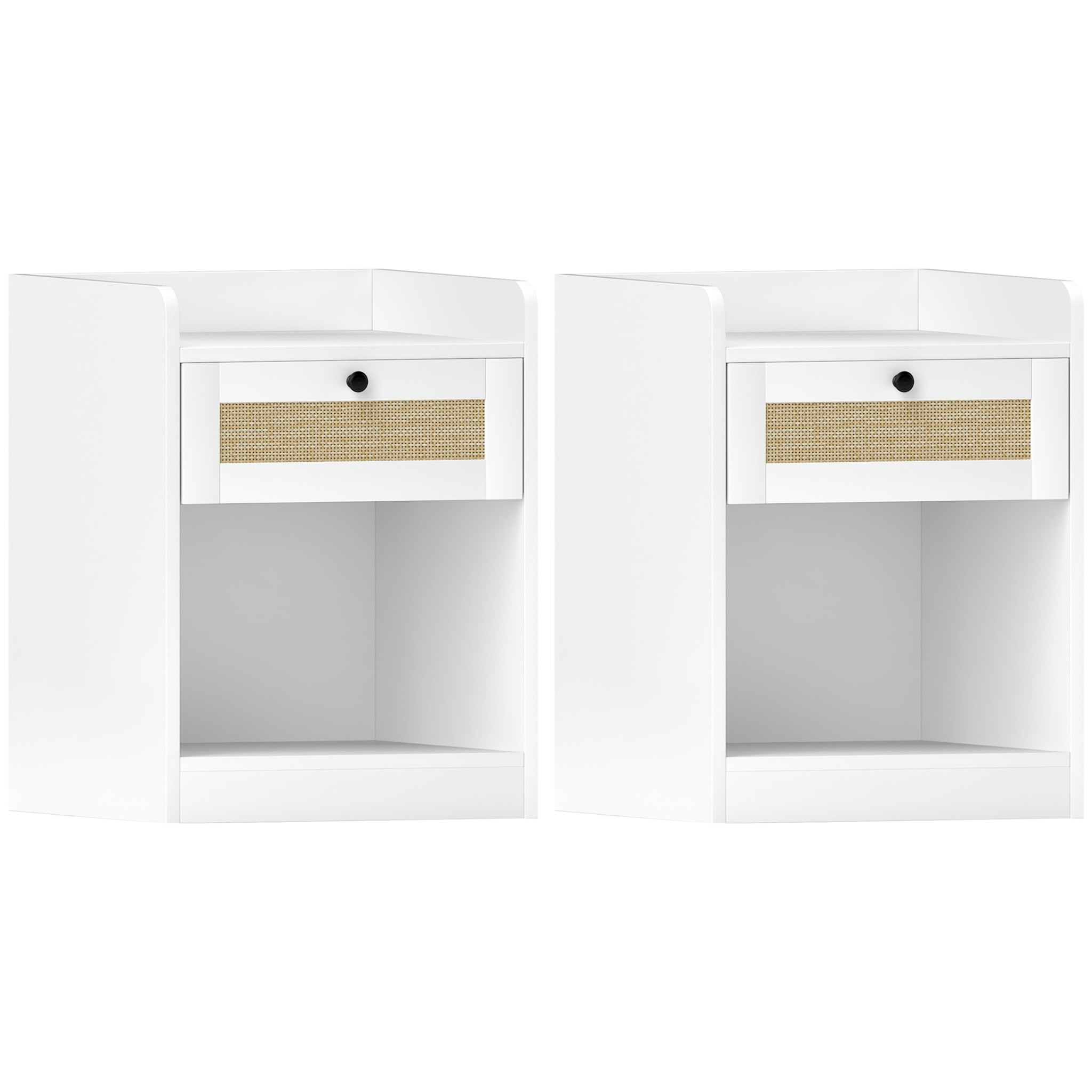 Juego de 2 Mesitas de Noche con Cajón con Frontal de Ratán Mesillas de Noche para Dormitorio para Habitación Hogar 40x40x53 cm Blanco