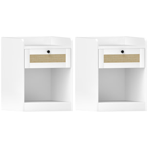 Juego de 2 Mesitas de Noche con Cajón con Frontal de Ratán Mesillas de Noche para Dormitorio para Habitación Hogar 40x40x53 cm Blanco