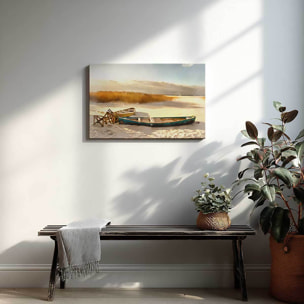 Tableau barques enneigées au lever doré Toile imprimée