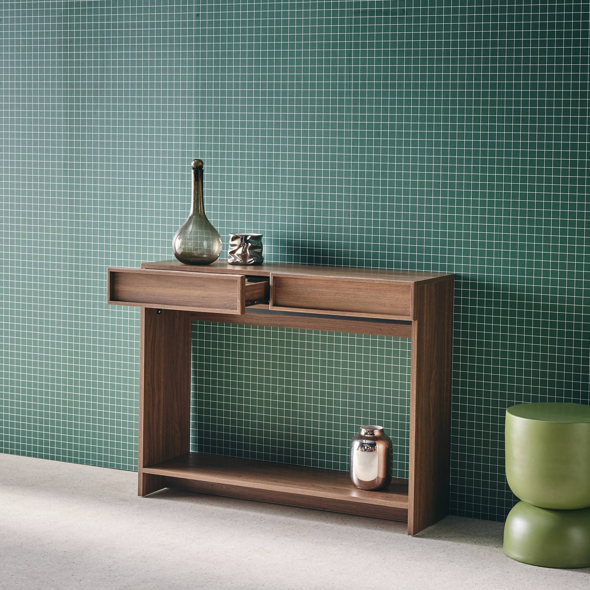 Console effet bois noyer 2 tiroirs et étagère - L 100 x P 33 x H 78cm - Kuba