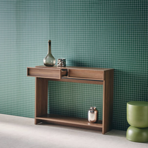 Console effet bois noyer 2 tiroirs et étagère - L 100 x P 33 x H 78cm - Kuba