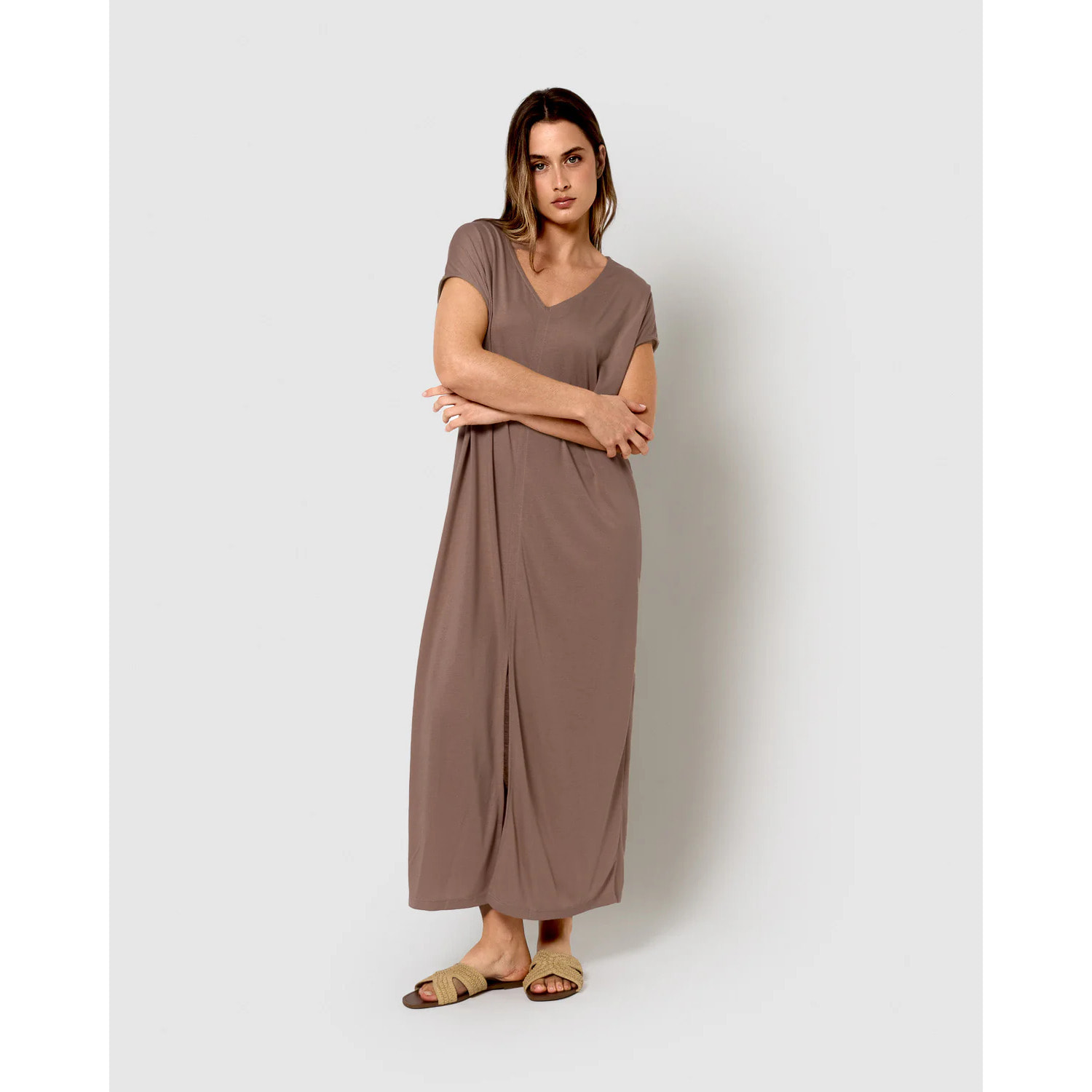 Vestido largo viscosa beige