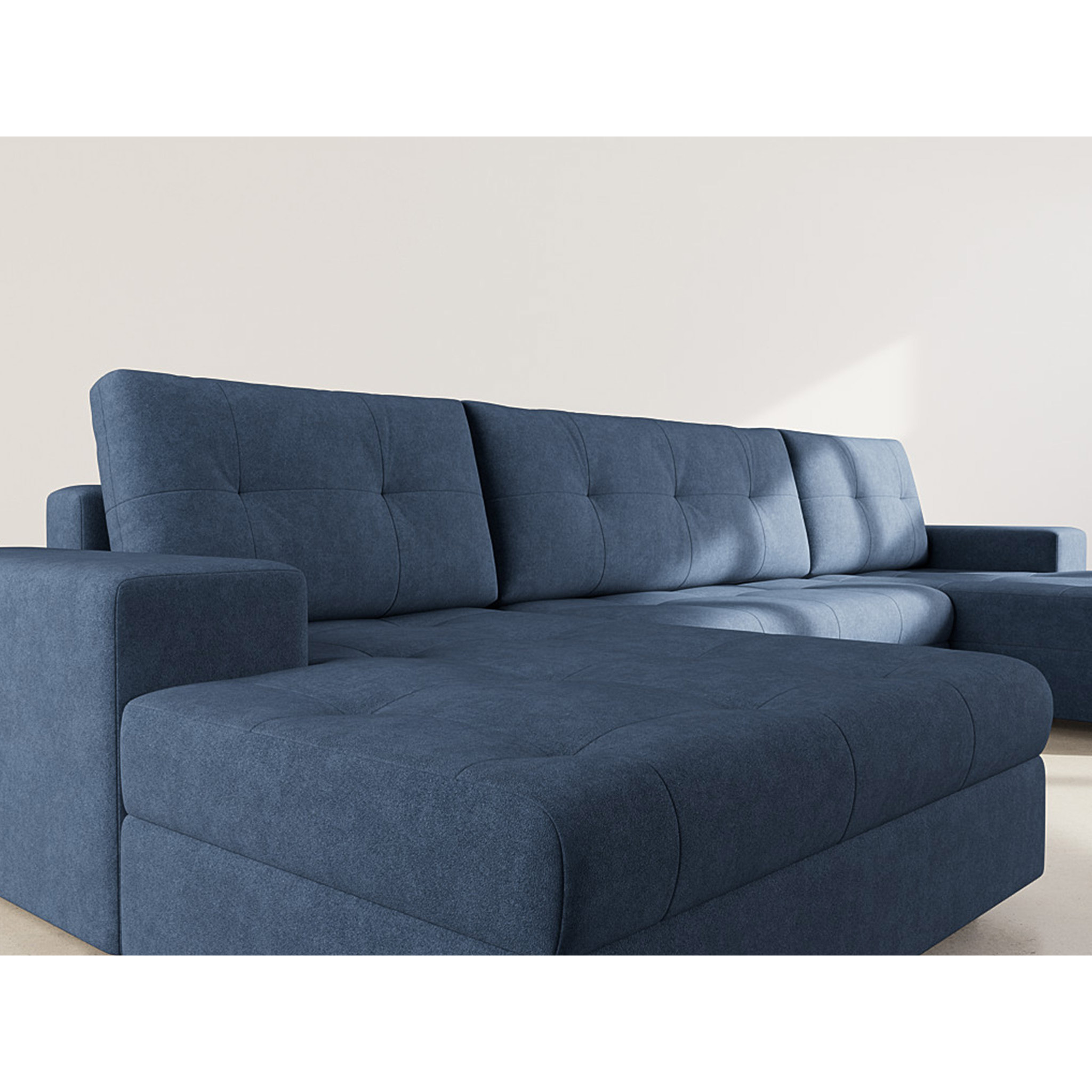 Bastian - canapé panoramique en U 7 places convertible avec coffre en velours texturé - Bleu