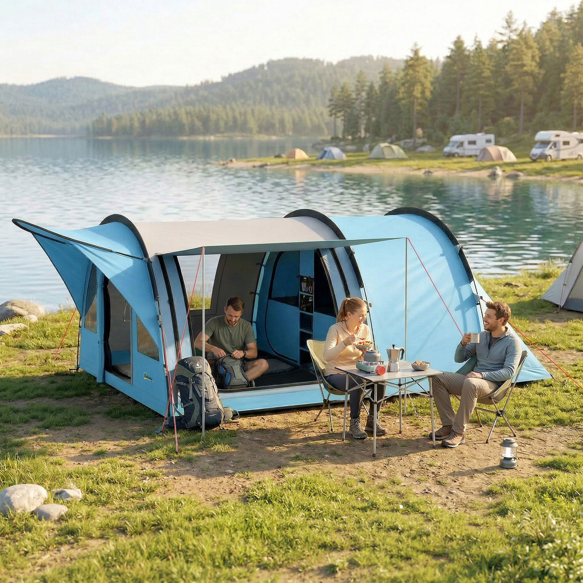 Tente camping tunnel 4 pers. imperméable 3000mm - 5,65x3,70x2m - bleu