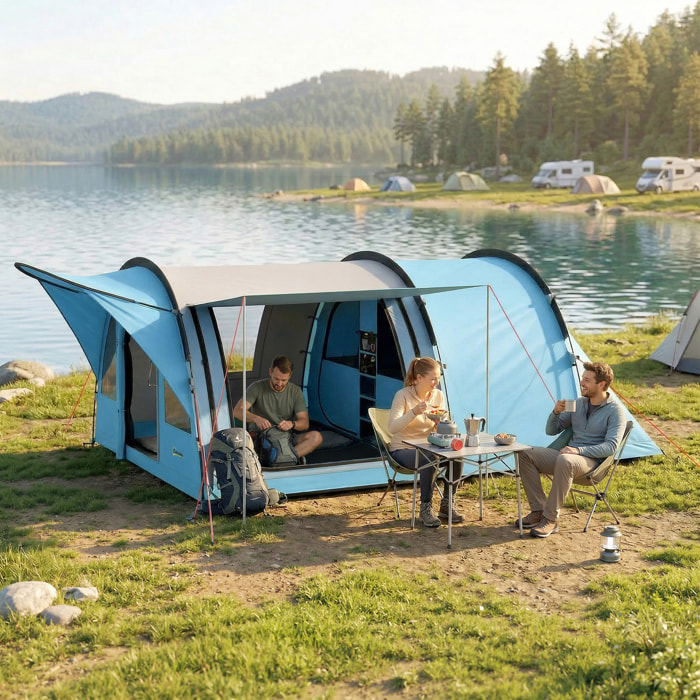 Tente camping tunnel 4 pers. imperméable 3000mm - 5,65x3,70x2m - bleu