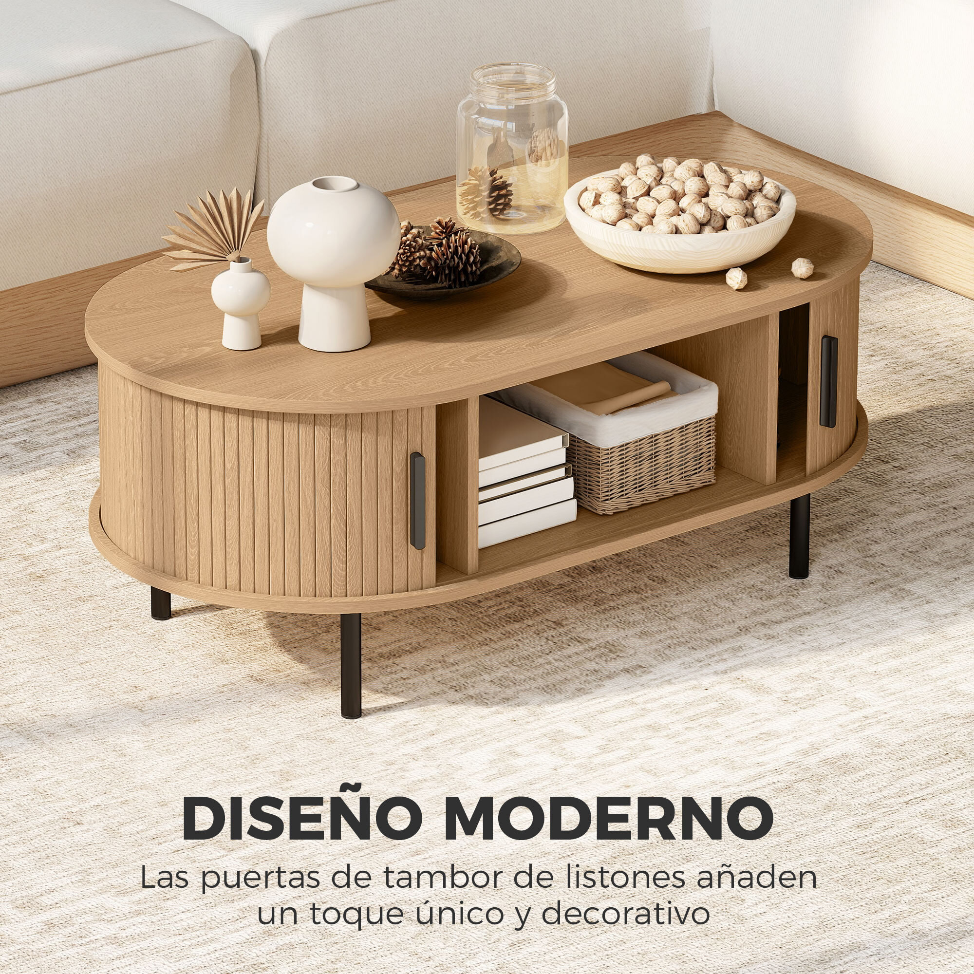 Mesa de Centro con Puertas de Tambor Deslizantes, Mesa de Café Ovalada para Salón con Almacenamiento Oculto y Patas de Metal, Moderno de Mediados de Siglo, 100x55x40 cm, Madera Natural
