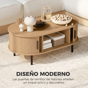 Mesa de Centro con Puertas de Tambor Deslizantes, Mesa de Café Ovalada para Salón con Almacenamiento Oculto y Patas de Metal, Moderno de Mediados de Siglo, 100x55x40 cm, Madera Natural