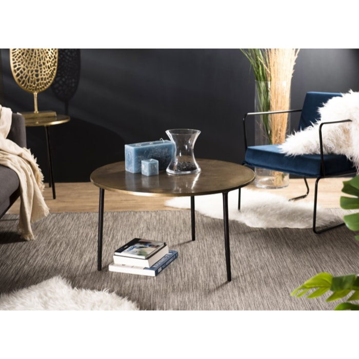 JOHAN - Table basse ronde 80x80cm plateau aluminium doré pieds noirs