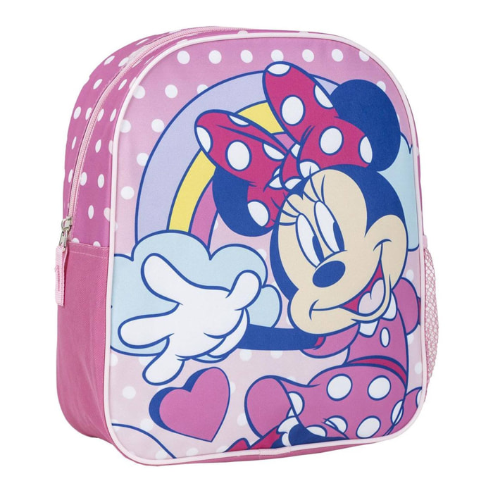 Mochila infantil escolar de minnie mouse - color rosa - 25x20x29 cm - fabricada en poliéster - con cierre de cremallera - estampado de minnie