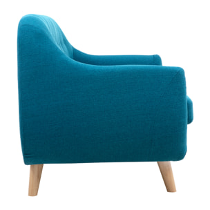 Canapé scandinave déhoussable 2 places en tissu bleu canard et bois clair YNOK