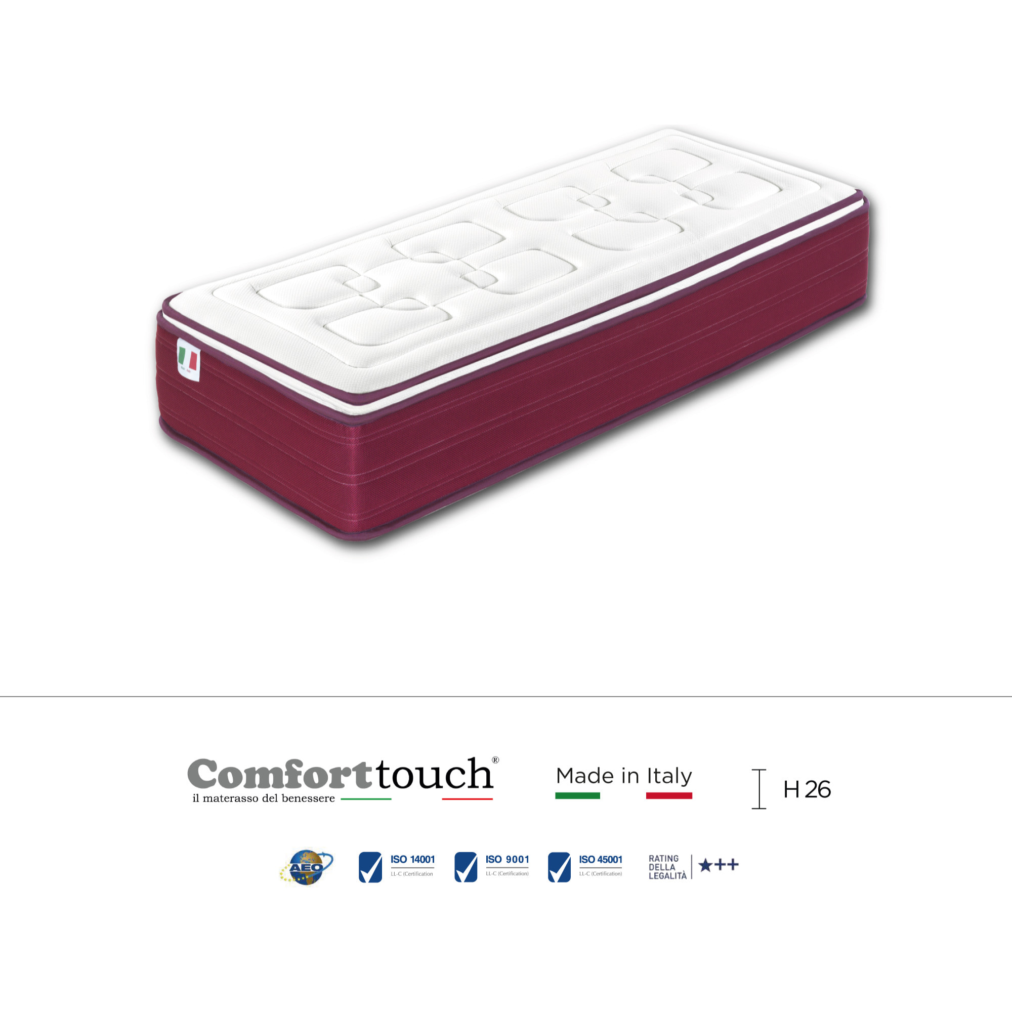 "Purple" H26 cm 80x190 gunaciale Memory OMAGGIO a molle insacchettate e 2cm memory