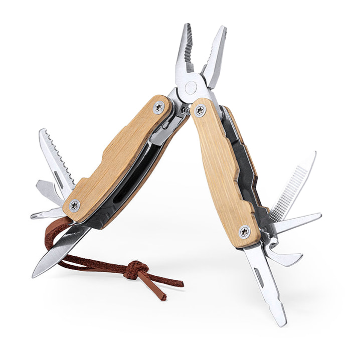 Multiherramienta Folnax de acero inoxidable y bambú con 12 funciones, incluye cinta de transporte en polipiel.