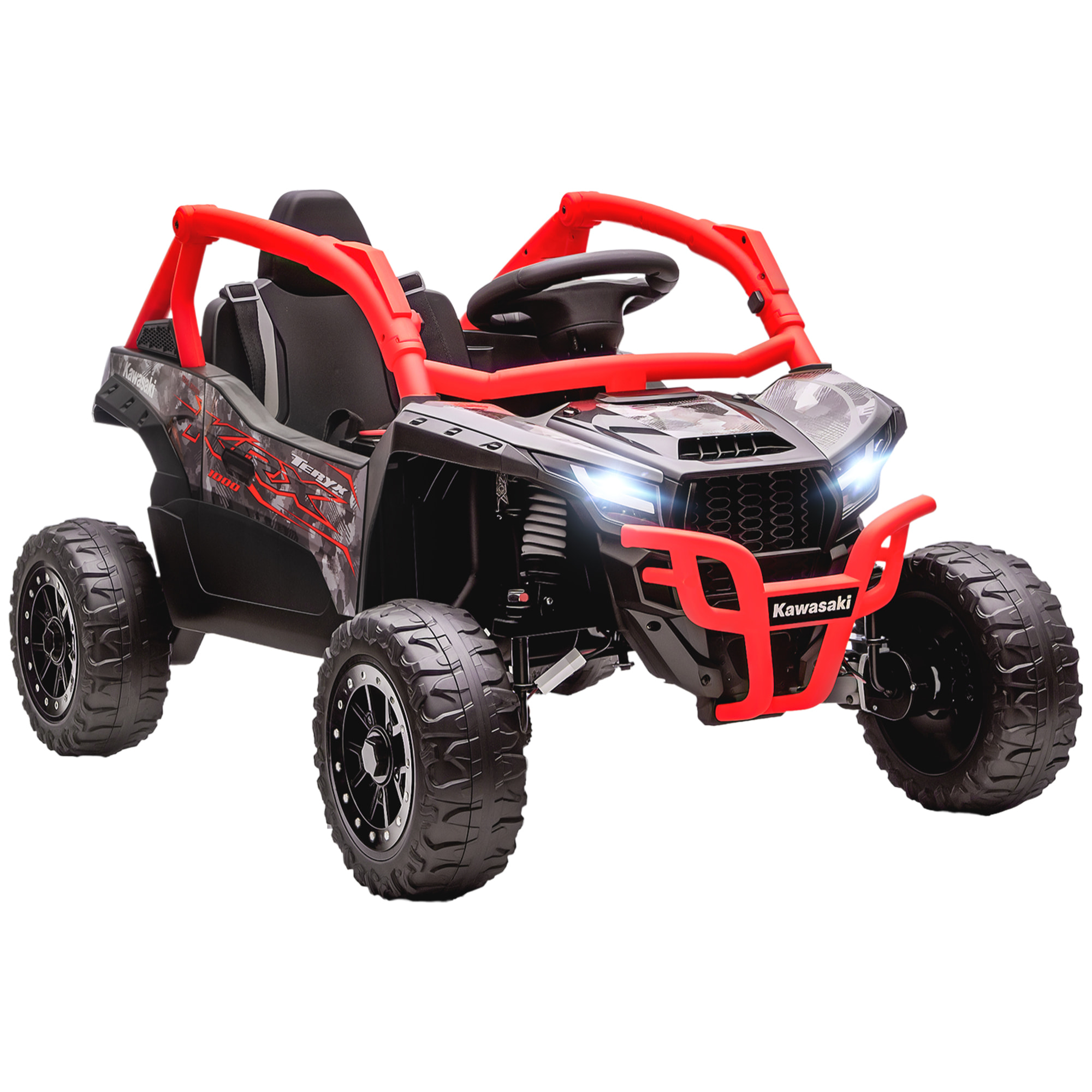 Coche Eléctrico para Niños 12V, Kawasaki Teryx KRX 1000, Coche de Batería UTV con 2 Motores, Control Remoto 2,4G, Suspensión Trasera, Faros, USB, para Niños de +3 Años, Rojo