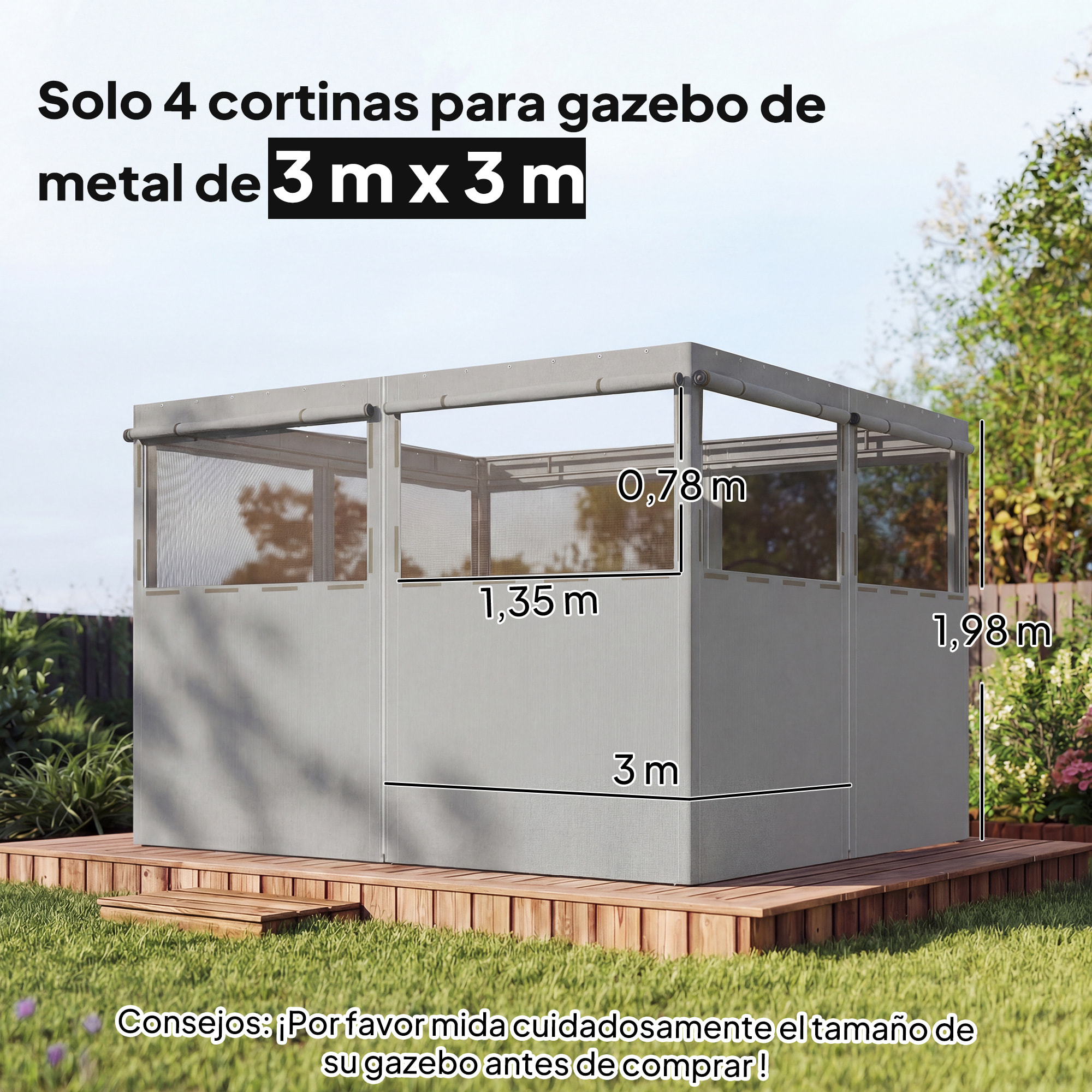 4 Paredes Laterales para Cenador, 3x3 m, Laterales de Carpa con 8 Ventanas de Malla Enrollables, Protección UV 30+, Impermeable, Reemplazo Lateral para Carpa de Jardín, Gris Claro