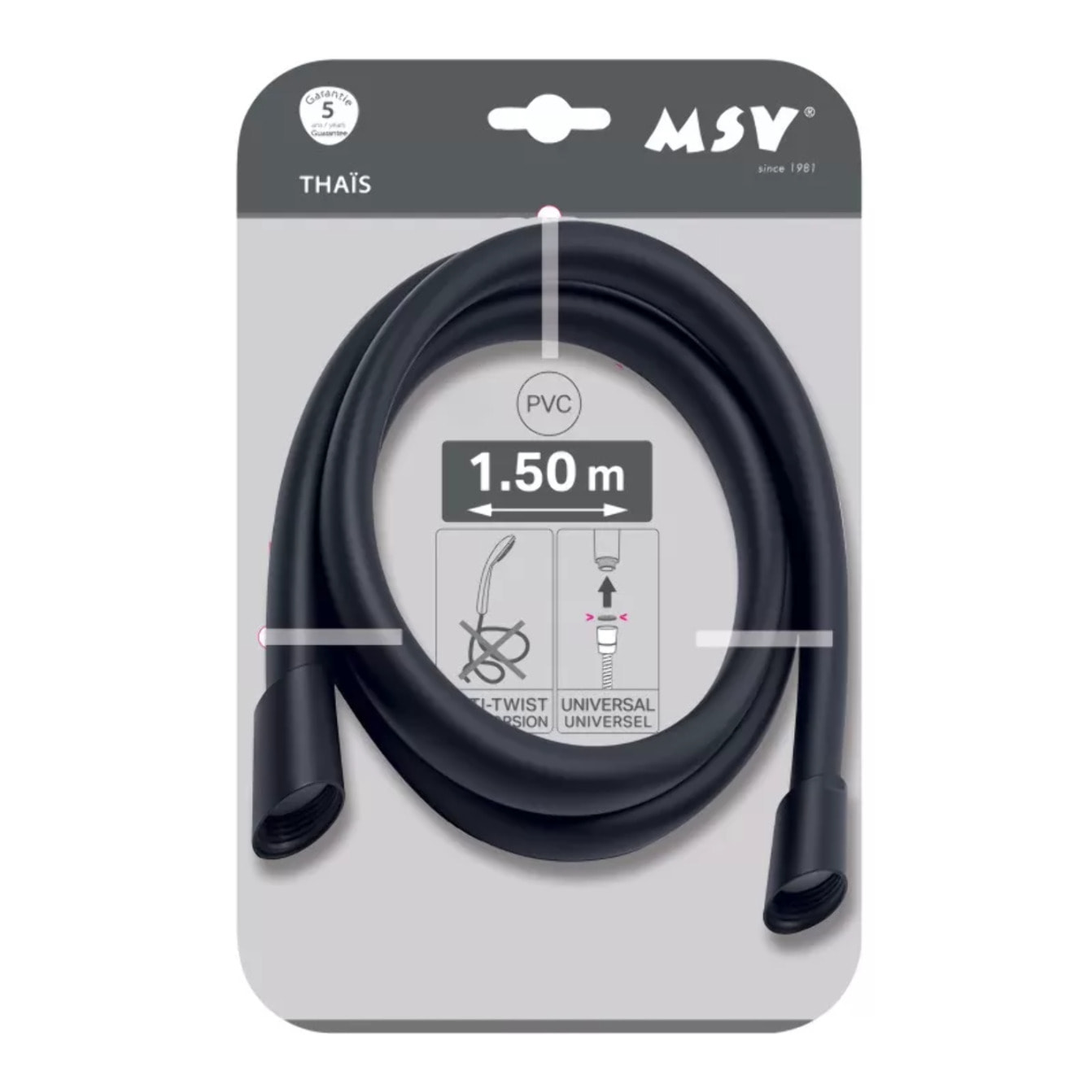 MSV Thaïs – Flexible de douche renforcé PVC 1,50 m Noir matt