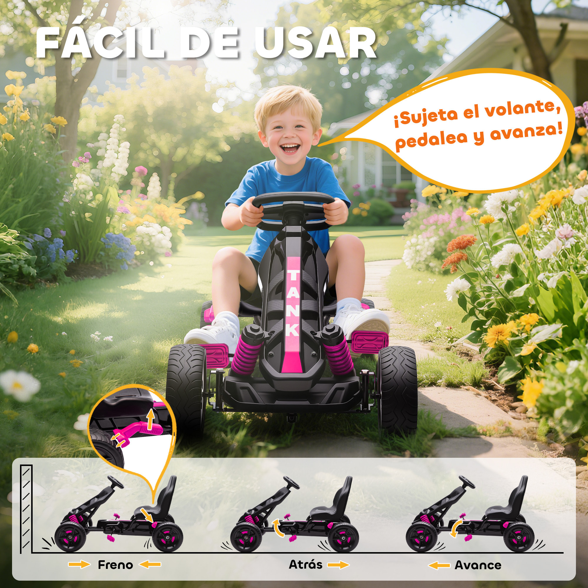 AIYAPLAY Kart Pedales para Niños de 3-6 Años Go Kart con Embrague Automático Freno Ruedas Antideslizantes de EVA y Marco Metálico Carga 50 kg Rosa