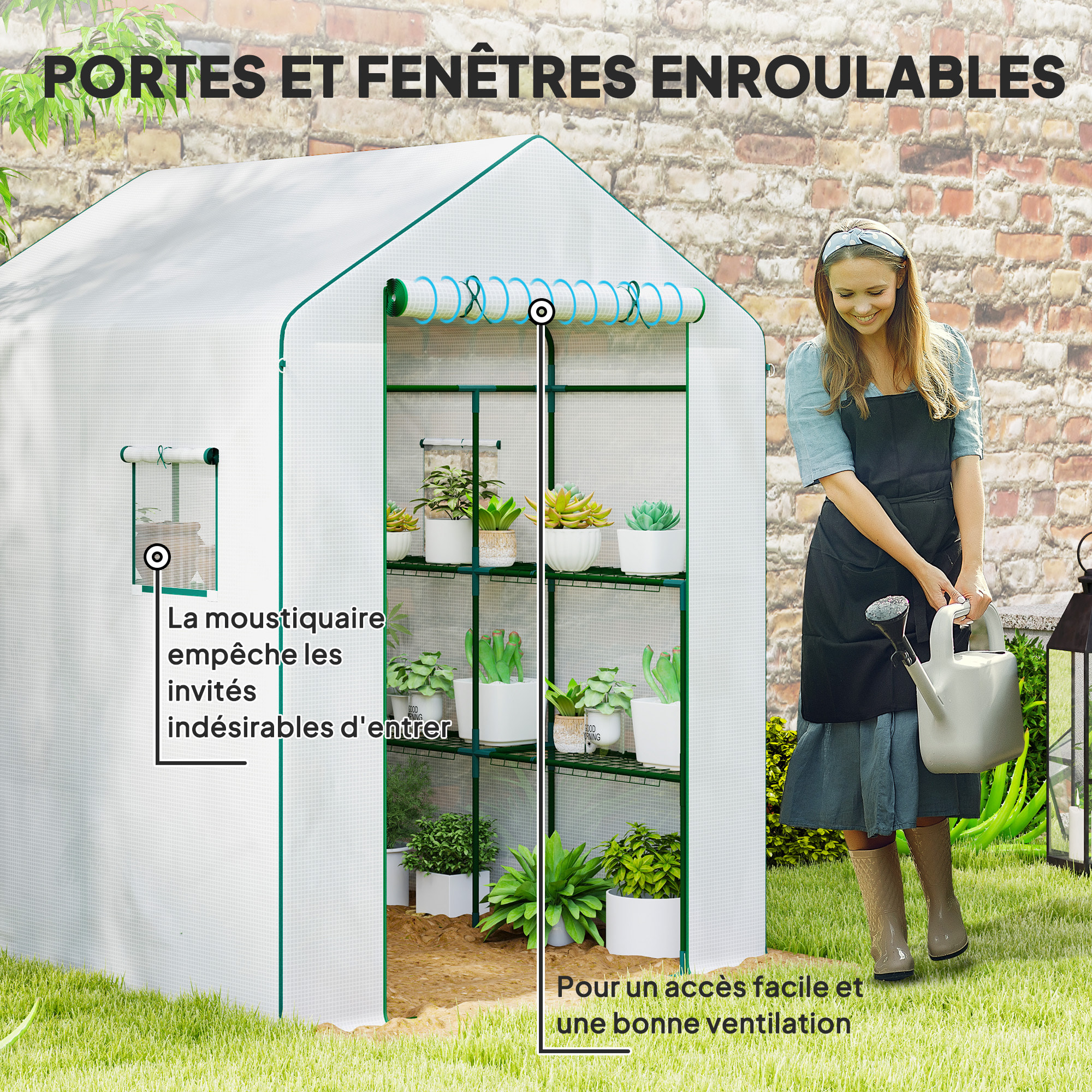 Serre de jardin 4 tablettes dim. 1,4L x 1,43l x 1,9H m porte déroulante fenêtre acier PE haute densité blanc