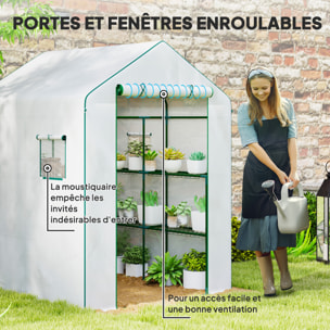 Serre de jardin 4 tablettes dim. 1,4L x 1,43l x 1,9H m porte déroulante fenêtre acier PE haute densité blanc