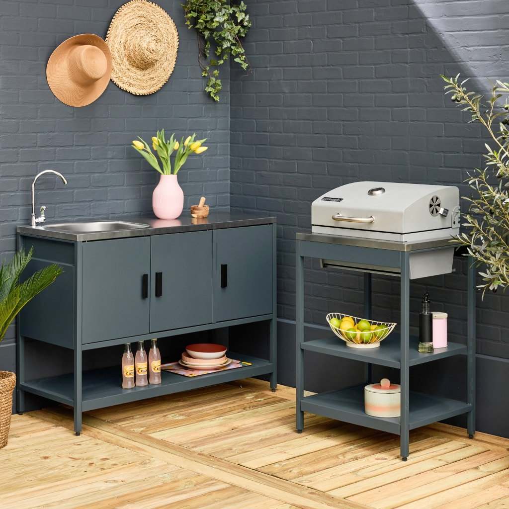 Cuisine extérieure Naxos 2 modules acier inoxydable bleu gris barbecue au charbon avec évier