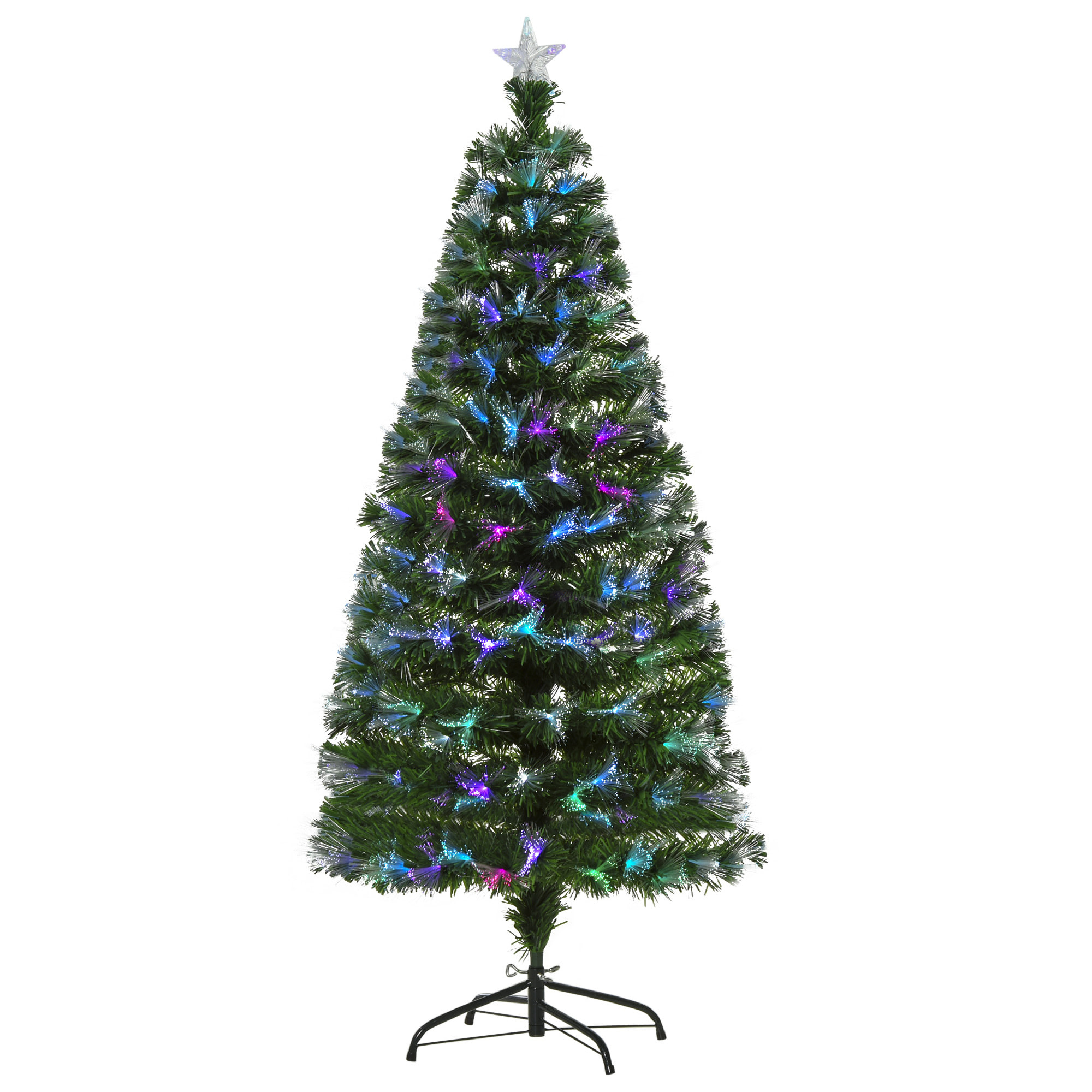 Sapin de Noël artificiel lumineux fibre optique LED multicolore + support pied Ø 74 x 150H cm 180 branches étoile sommet brillante vert