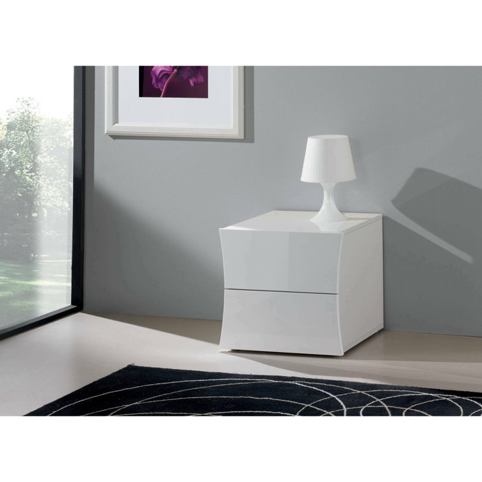 Comodino Aku, Tavolino da notte con 2 cassetti, Mobiletto per camera da letto, 100% Made in Italy, cm 50x40h41, Bianco lucido