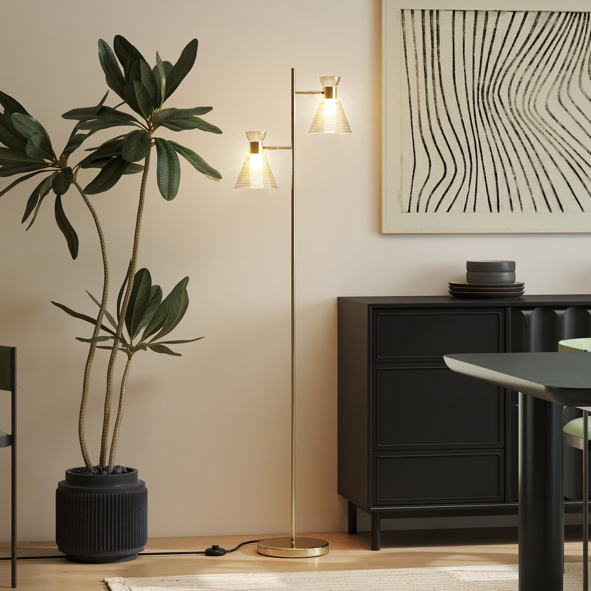 Lampadaire sur pied design H.165cm double tête réglable verre conique métal doré