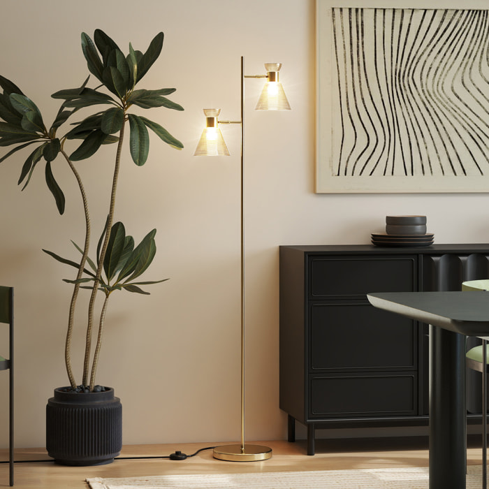 Lampadaire sur pied design H.165cm double tête réglable verre conique métal doré