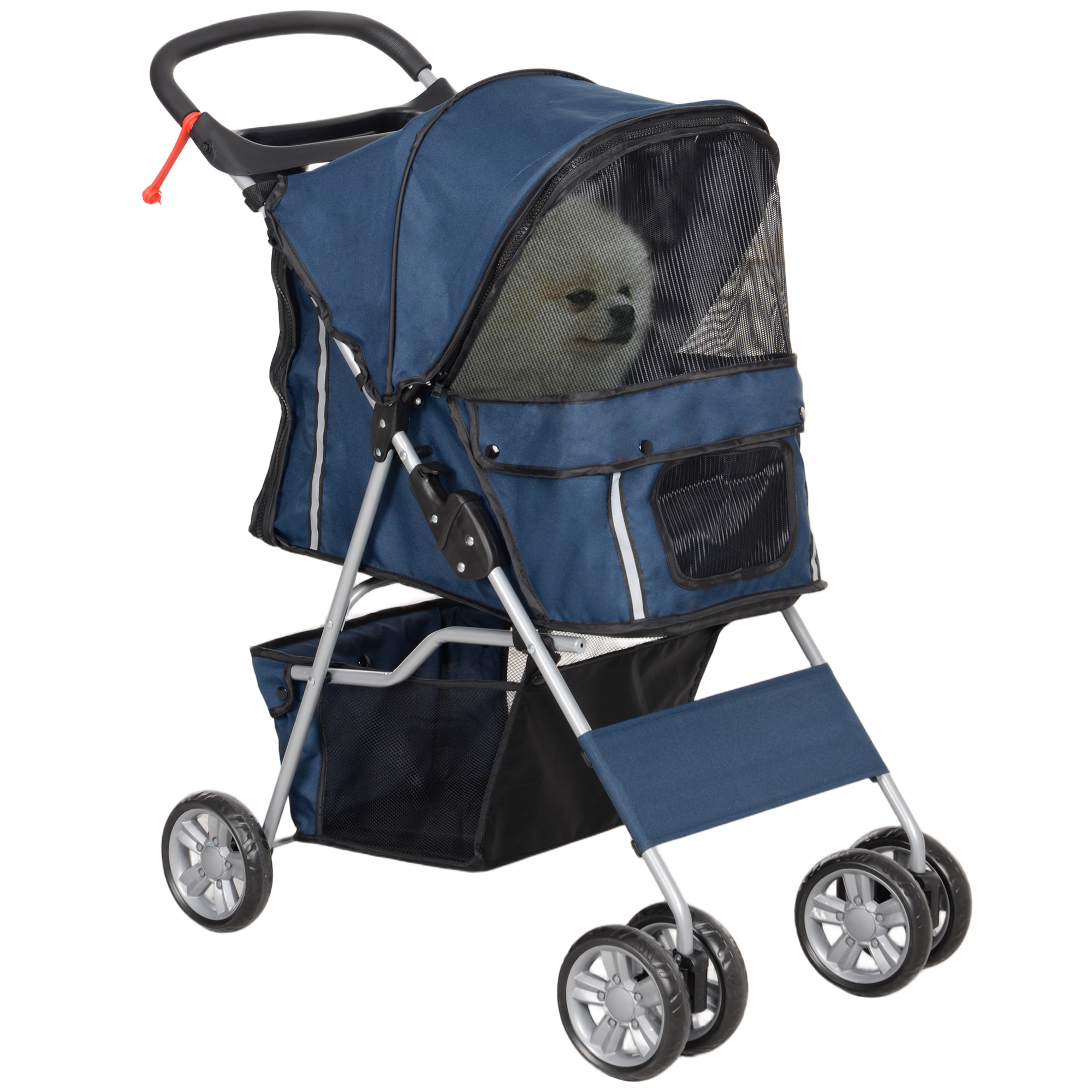 Carrito para Perros Plegable Cochecito para Mascotas Carrito para Perros Pequeños con Toldo Ajustable Cesta de Almacenaje Ventanas de Malla Portavasos y 2 Ruedas 75x45x97 cm Azul Oscuro