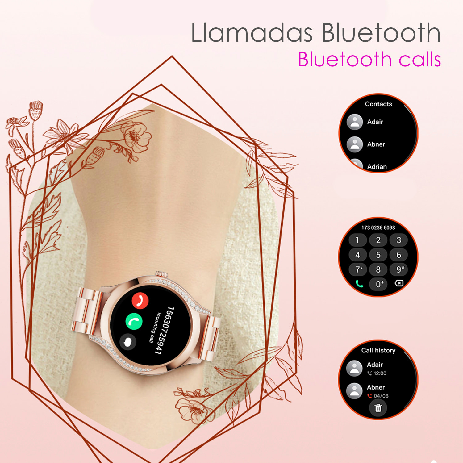 DAM Smartwatch T214 compacto y elegante. Llamadas BT, notificaciones push. Monitor de salud, ciclos femeninos. Modos deportivos. 4,1x1,1x4 Cm. Color: Granate