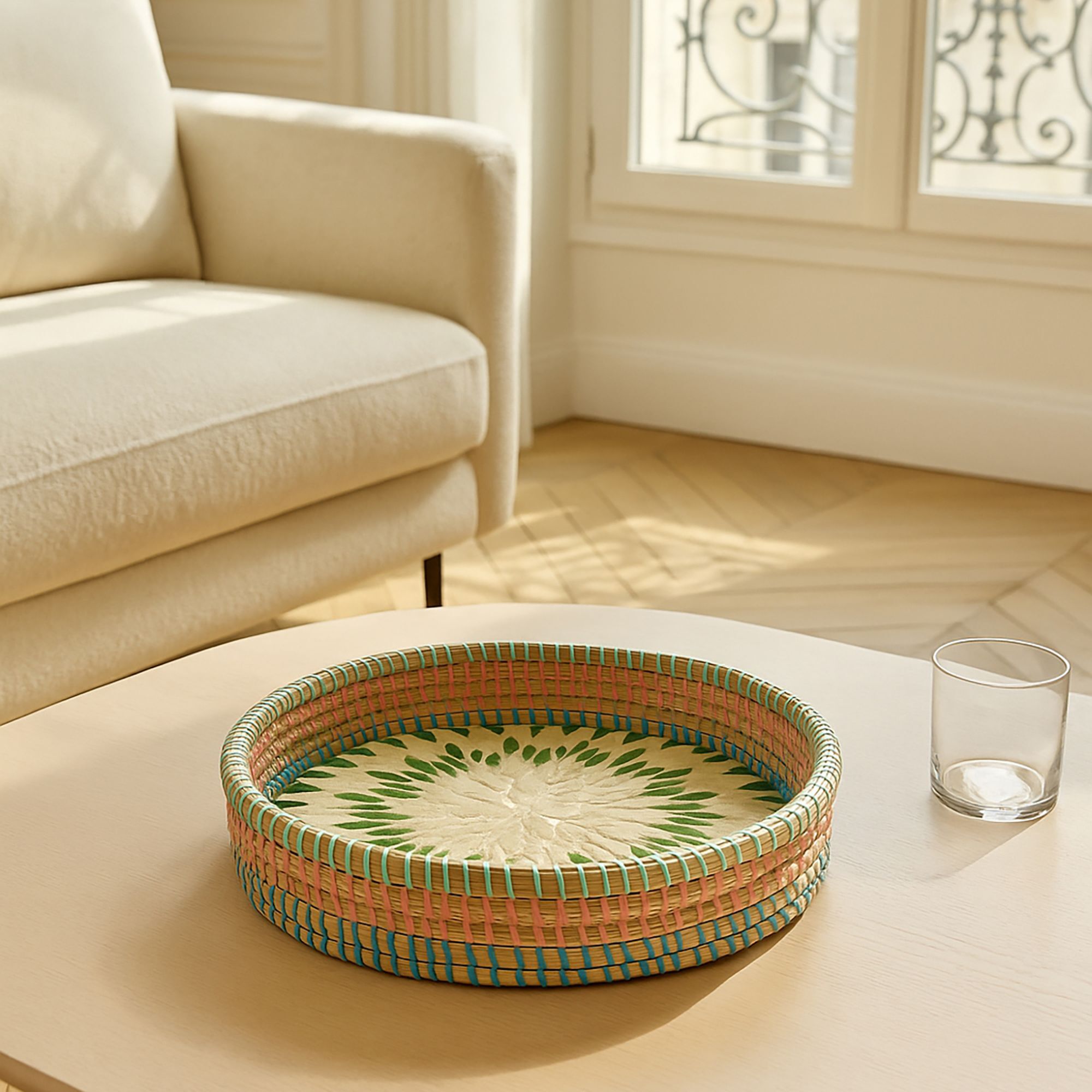 Plateau rond en jonc de mer et coquillages 33cm PAROS