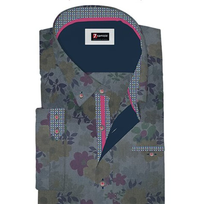 Camicia Uomo 1 Bottone Button Down Manica Corta Slim Oxford Fantasia Grigio/Blu