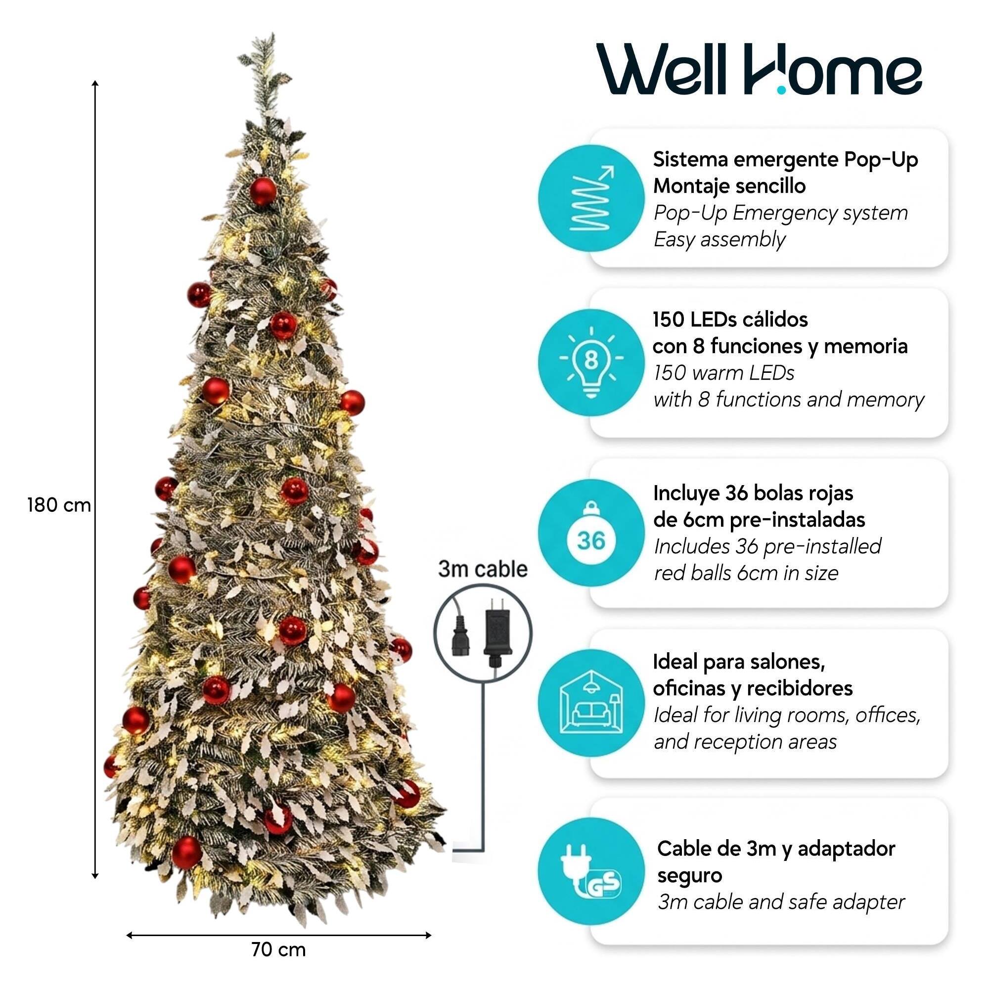 Árbol de navidad emergente con 150 leds blanco cálido y 36 bolas rojas, ø70x180 cm con 8 modos de iluminación