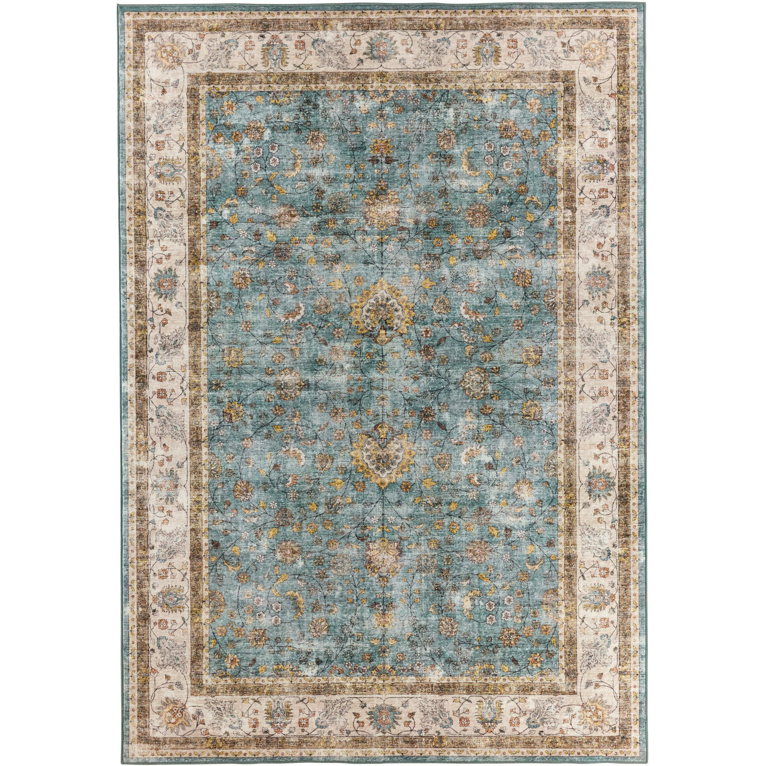 OTTOMAN - Tapis à poils courts doux à motif arabesque turquoise