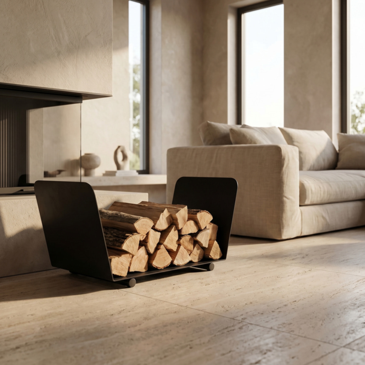 Portalegna in acciaio Dundee 40 cm, supporto legna compatto e moderno per camino e stufa, rack salvaspazio da interno ed esterno, design minimal resistente e stabile, ideale per soggiorno terrazzo patio e veranda