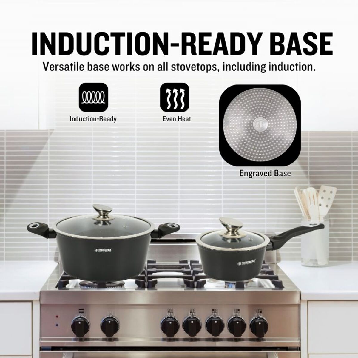 Batterie de cuisine 15 pièces avec revêtement en marbe Noir Herzberg HGMETBK15-BLK