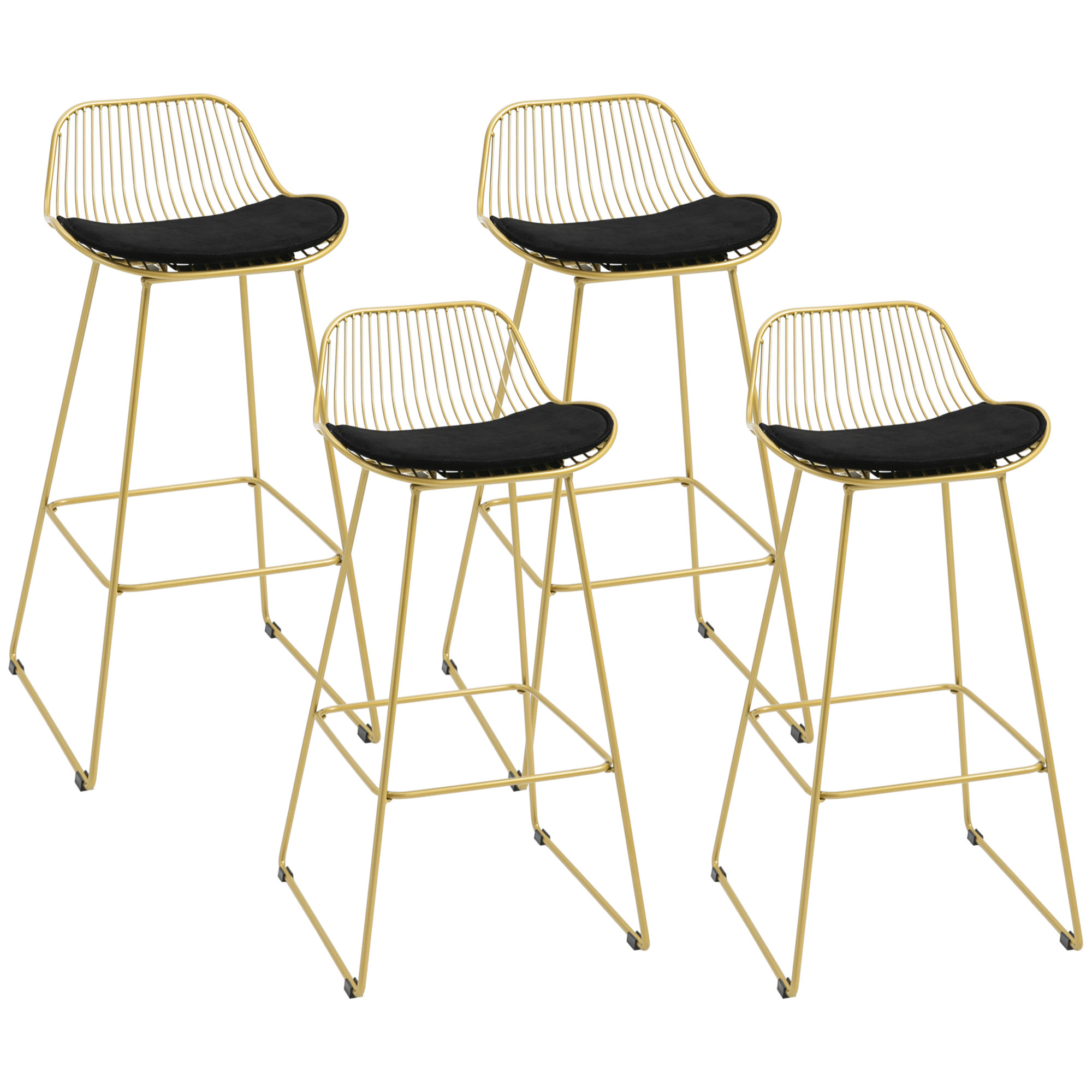 Conjunto de 4 Taburetes de Bar Taburetes Altos de Cocina con Cojín de Terciopelo Respaldo y Reposapiés Estilo Moderno Carga 120 kg para Comedor Sala 46,5x48x93 cm Dorado