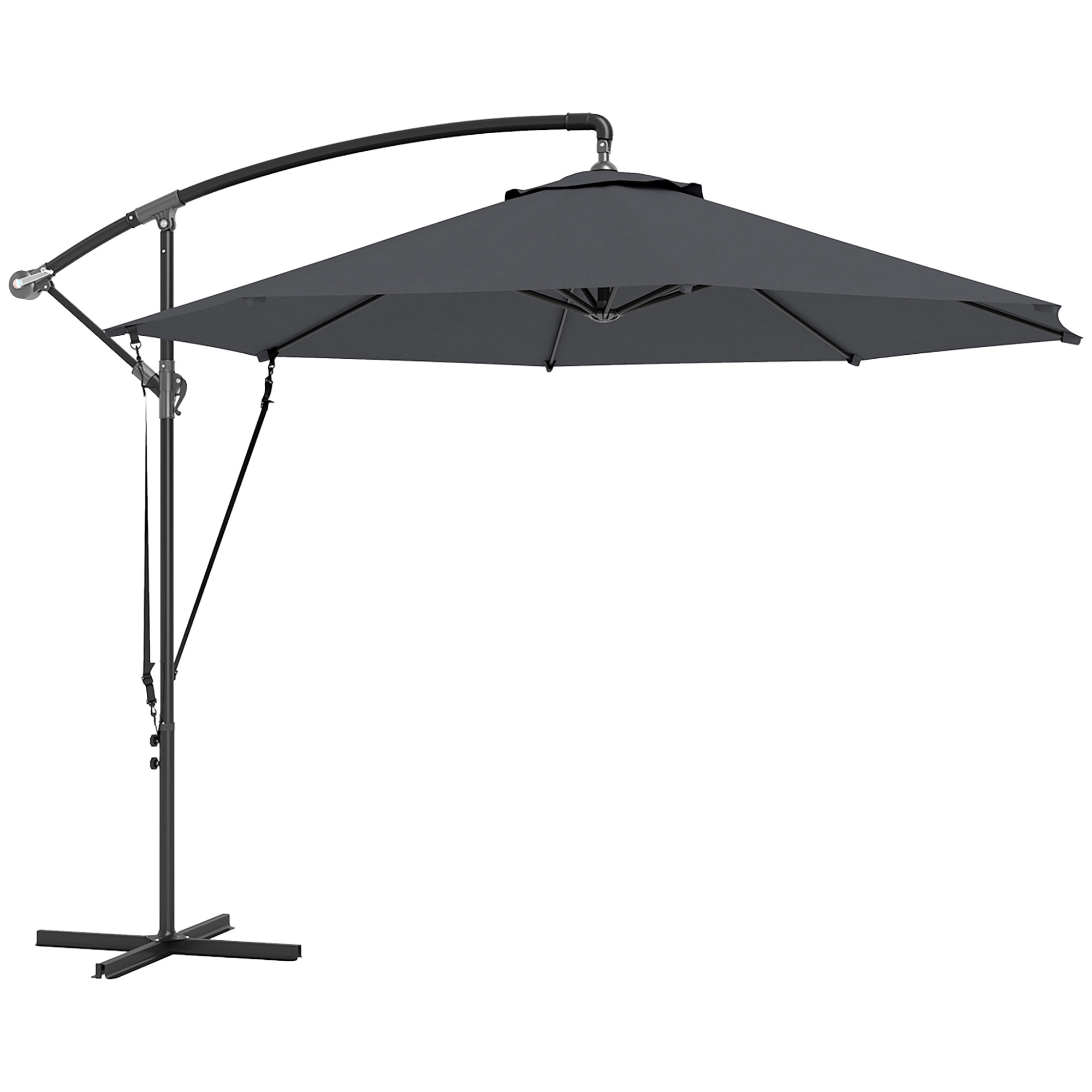 Parasol Excéntrico Ø 290 cm Sombrilla de Jardín con Base Cruzada Manivela Funda para Sombrilla y Cuerda de Viento Anti-UV 50+ Sombrilla para Terraza Patio Gris Oscuro