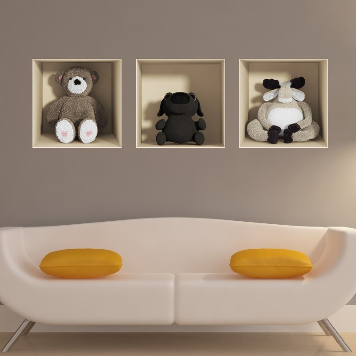 Stickers muraux 3D | Sticker Mural Autocollant effet 3D jouets Ourson, chien et cerf - Stickers adhésifs 3D Chambre Salon Trompe l'oeil