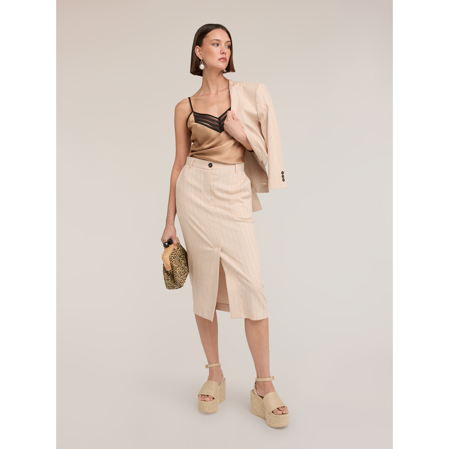 Motivi - Gonna tubino a righe in misto lino - Beige