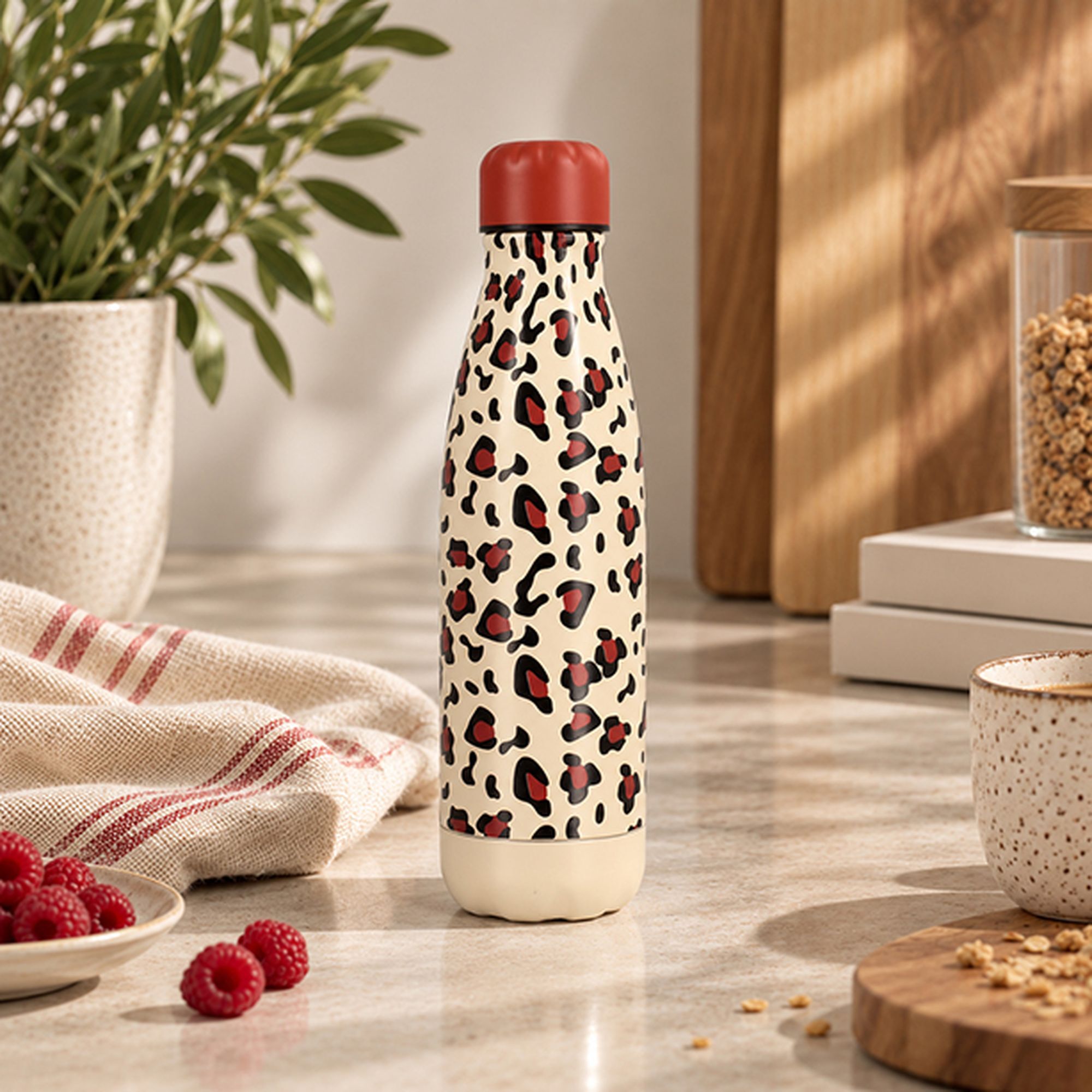 Bouteille animals léopard 500ml en acier inoxydable terracotta