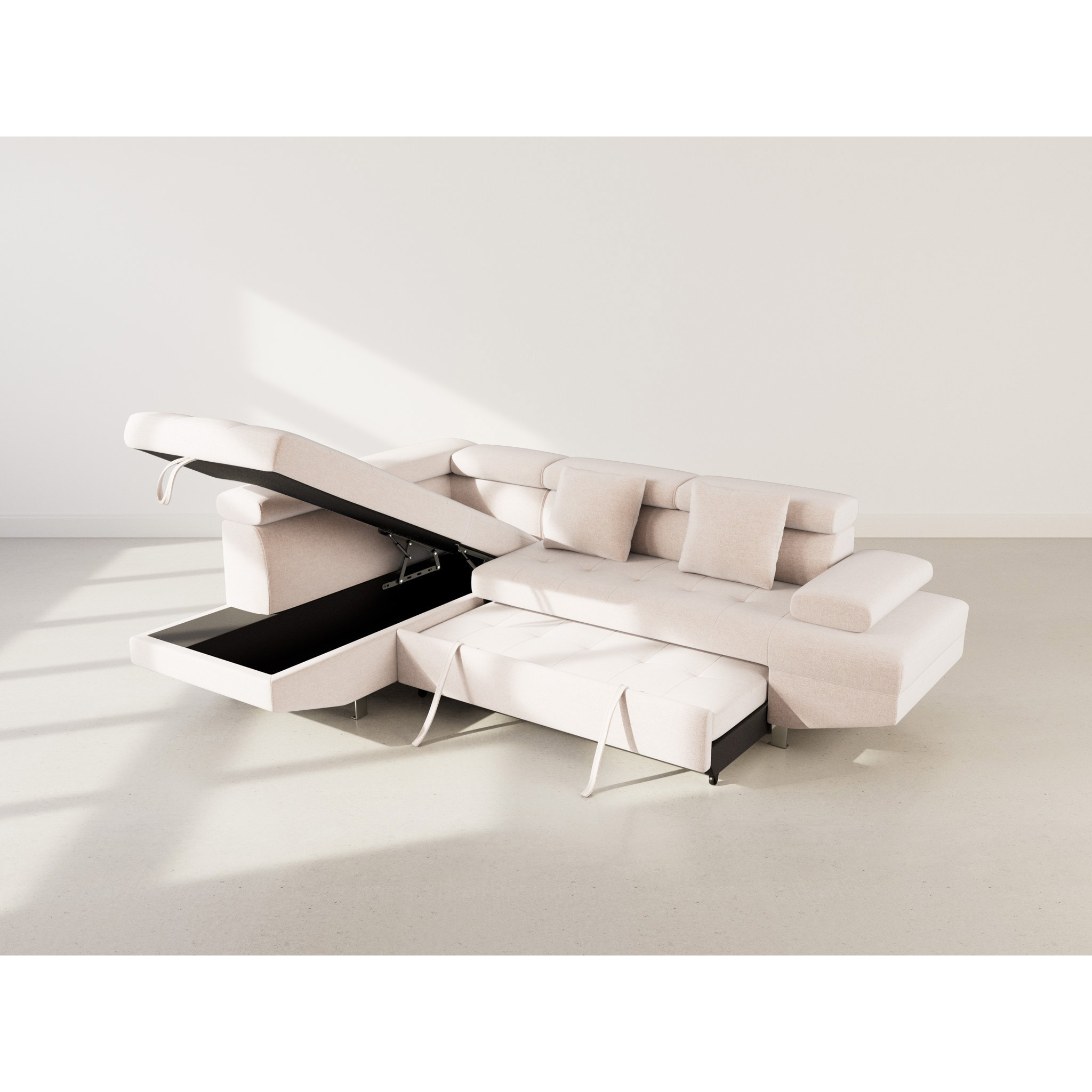 Margaux - Canapé d'angle gauche 5 places convertible avec coffre et têtières réglables en velours texturé - Beige