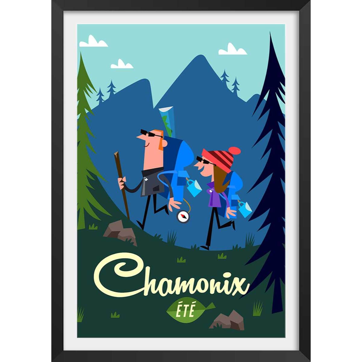 Poster de rando à chamonix Affiche + cadre en bois - Noir