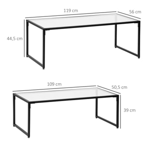 Tables gigognes lot de 2 tables basses rectangulaires design contemporain acier noir verre trempé 4 mm