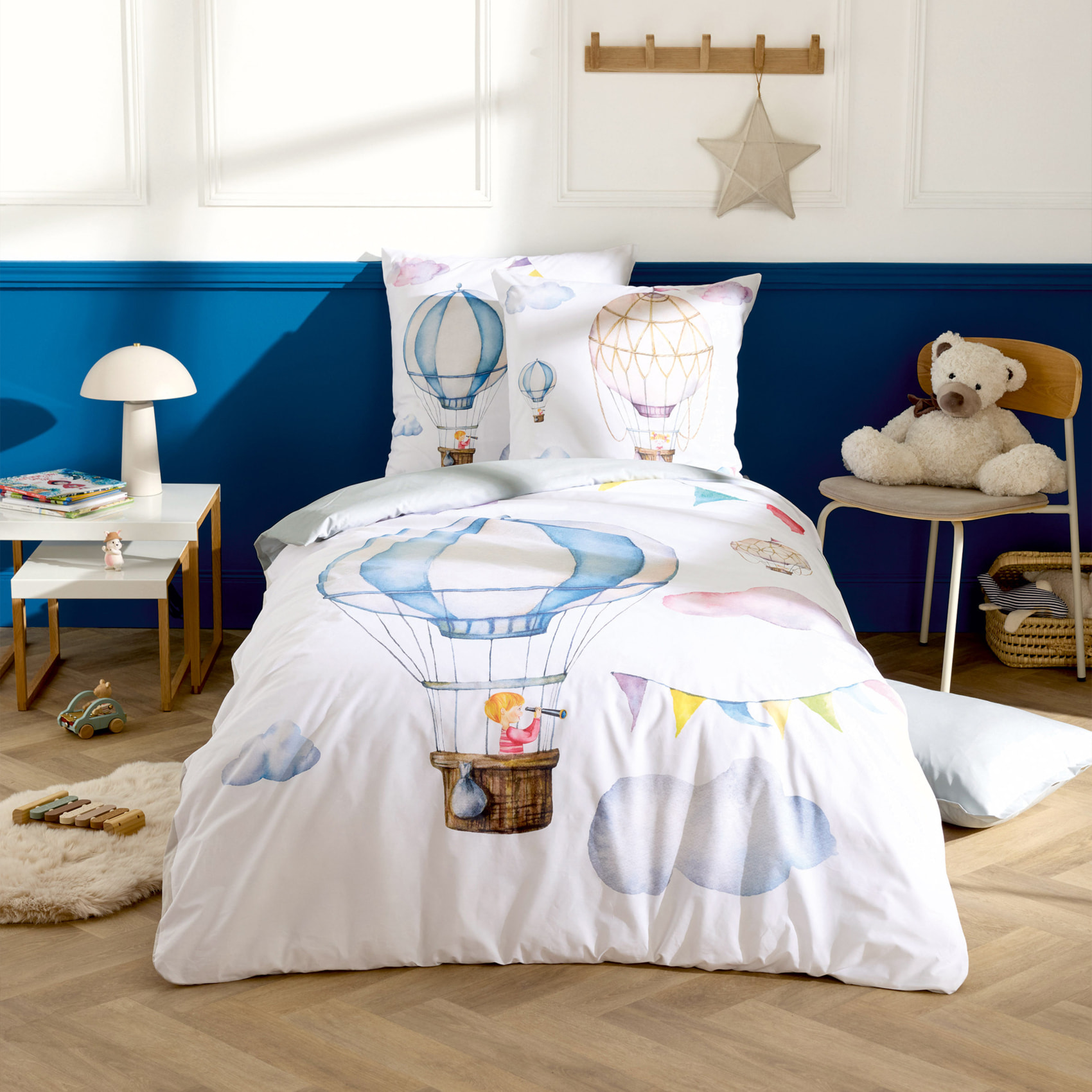Housse de couette enfant percale de coton montgolfière - Bleu