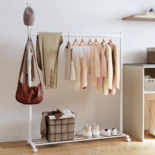 Burro Ropa con Ruedas, Perchero Burro Ropa con 5 Ganchos Barra para Colgar y Balda Inferior Perchero para Recibidor, Entrada, Dormitorio, 120x43x171 cm, Blanco