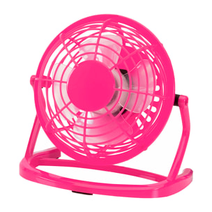 Mini ventilador de sobremesa con alimentación USB e interruptor trasero de encendido y apagado.